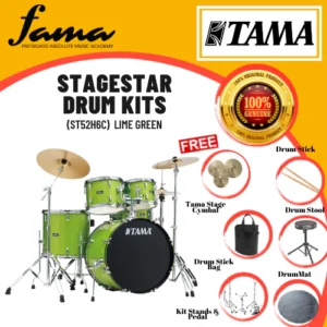 tama stagestar 5 piece complete drum set with tama cymbal set, drumsticks and throne, lime green