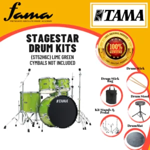 tama stagestar 5 piece drum set kits with drumsticks and throne, cymbals not included, lime green