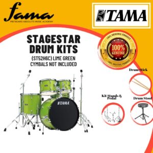 tama stagestar 5 piece drum set kits with drumsticks and throne, cymbals not included, lime green
