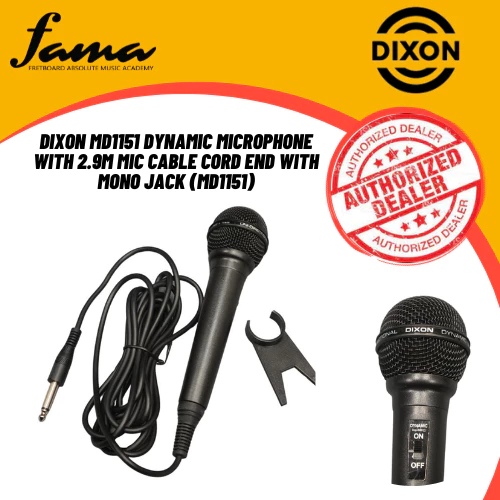 dixon md1151 dynamic microphone with 2.9m mic cable cord end with mono jack (md1151)