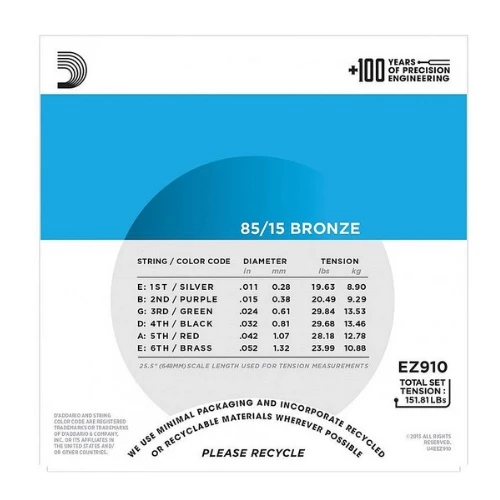 d'addario ez910 85/15 bronze acoustic guitar strings, light gauge, 11 52