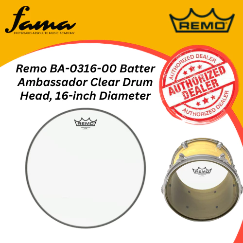 remo ba 0316 00 batter ambassador clear drum head, 16 inch diameter drum skin drum head kulit drum
