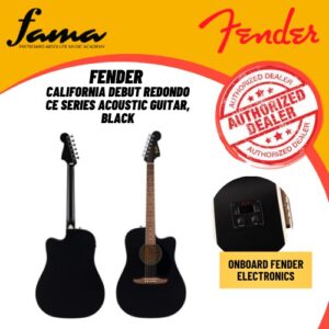 drawing from a storied legacy of reimagining the acoustic experience for daring and adventurous players, california series acoustics stand out as authentically different, undeniably timeless, and quintessentially fender®. the california debut™ redondo® ce features resilient laminate construction with a spruce top and sapele back and sides for satisfying tone, while a 25 ½” scale neck with a slim “c” shaped profile provides an effortless playing feel. the onboard fender electronics provide high quality output for live amplification, recording and effects, as well as a convenient onboard digital tuner. other noteworthy details include an oiled walnut fingerboard and bridge, sealed gear tuning machines for smooth and accurate tuning action, and a rich satin finish. an instantly recognizable fender design feature, the 6 in line headstock creates a straight string pull from the nut for optimal tuning machine performance, and places all tuners in a linear location for easy access. the tilt back design produces a consistent break angle on all strings for even response and string feel. specifications body shape: redondo™ top material: laminated spruce back & sides material: laminated basswood body finish: satin neck profile: "c" shape fretboard material: walnut fretboard radius: 12" (305 mm) scale length: 25.5" (64.77 cm) number of frets: 20 vintage tall fretboard inlays: white dot bridge: walnut pickguard: 1 ply black strings: phosphor bronze (.011–.050 gauges) tuning machines: die cast sealed hardware finish: chrome