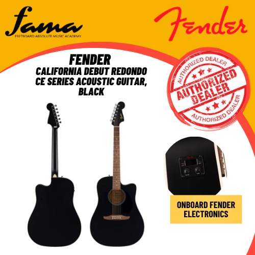 drawing from a storied legacy of reimagining the acoustic experience for daring and adventurous players, california series acoustics stand out as authentically different, undeniably timeless, and quintessentially fender®. the california debut™ redondo® ce features resilient laminate construction with a spruce top and sapele back and sides for satisfying tone, while a 25 ½” scale neck with a slim “c” shaped profile provides an effortless playing feel. the onboard fender electronics provide high quality output for live amplification, recording and effects, as well as a convenient onboard digital tuner. other noteworthy details include an oiled walnut fingerboard and bridge, sealed gear tuning machines for smooth and accurate tuning action, and a rich satin finish. an instantly recognizable fender design feature, the 6 in line headstock creates a straight string pull from the nut for optimal tuning machine performance, and places all tuners in a linear location for easy access. the tilt back design produces a consistent break angle on all strings for even response and string feel. specifications body shape: redondo™ top material: laminated spruce back & sides material: laminated basswood body finish: satin neck profile: "c" shape fretboard material: walnut fretboard radius: 12" (305 mm) scale length: 25.5" (64.77 cm) number of frets: 20 vintage tall fretboard inlays: white dot bridge: walnut pickguard: 1 ply black strings: phosphor bronze (.011–.050 gauges) tuning machines: die cast sealed hardware finish: chrome